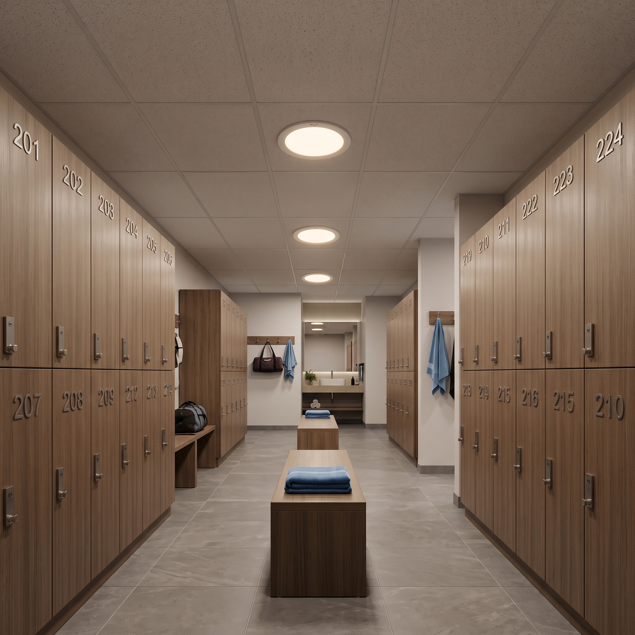 Changing room with wooden lockers, benches and round ceiling lights